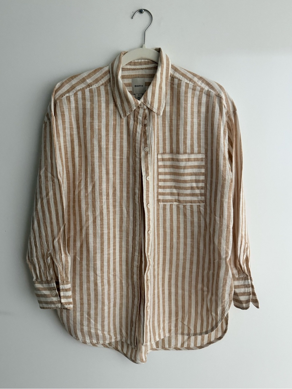 Maeve linen mix Striped Beige and White oversized  Button-Up Shirt.